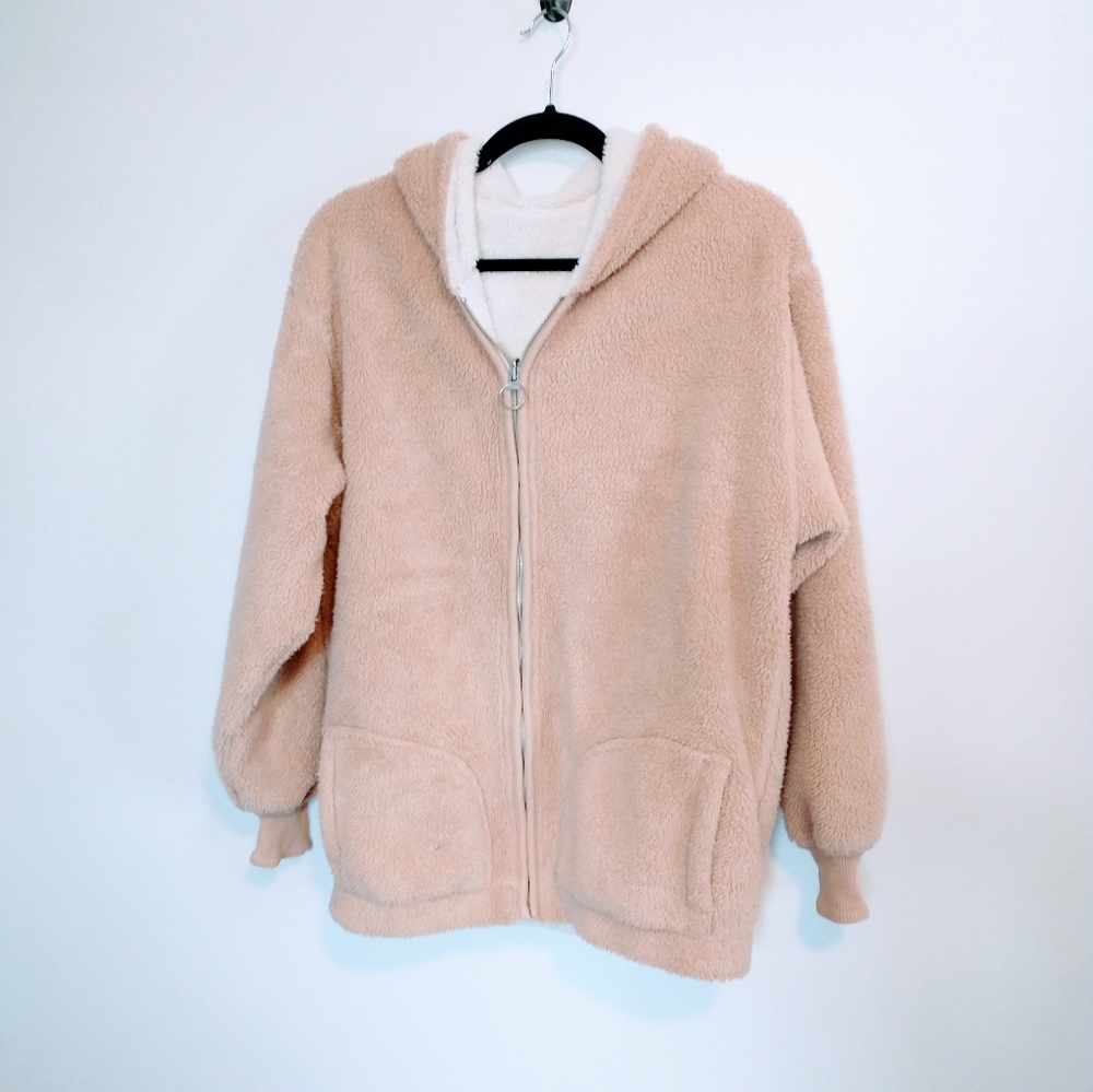 Hollister brown tan teddy jacket with hood, zip front and front pockets, white l